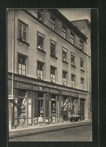 Foto-AK Geschäft Max Boltenhagen, Fassade mit Emailleschildern, Edelweiss, Kathreiners Malzkaffee, Maggi