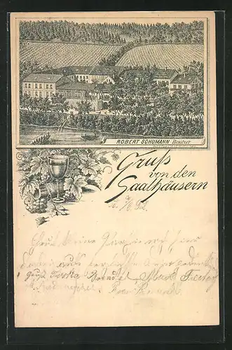 Vorläufer-Lithographie Bad-Kösen, 1892, Gasthof Saalhäuser Robert Schumann, Ganzsache PP9 F370