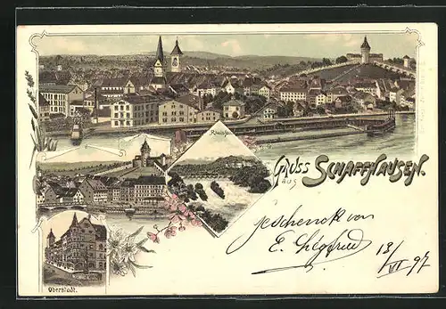 Lithographie Schaffhausen, Gesamtansicht, Rheinfall, Oberstadt
