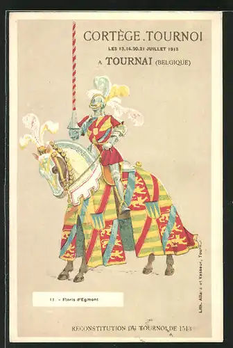 AK Tournai, Ritter auf einem Pferd mit Lanze, Cortège Tournoi 1913