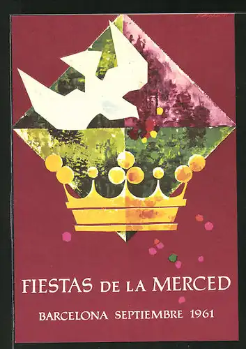 AK Barcelona, Fiestas de la Merced 1961, Krone, weisse Taube