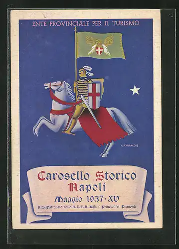 Künstler-AK Napoli, Carosello Storico Maggio 1937, Ente provinciale per il Turismo, Ritter mit Flagge