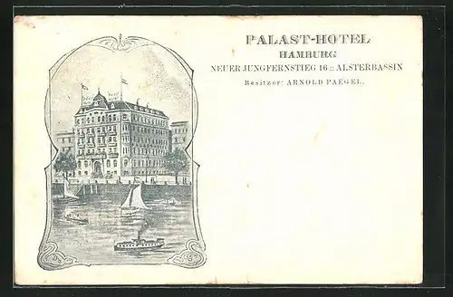Lithographie Hamburg-Neustadt, Palast-Hotel, Neuer Jungferstieg 16, Alsterbassin