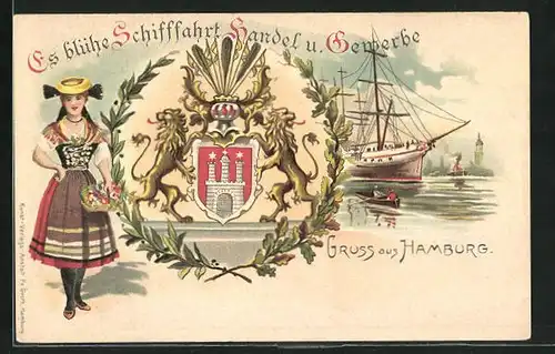 Lithographie Hamburg, Es blühe Schifffahrt Handel u. Gewerbe, Schiff in Fahrt, Frau in Tracht und Wappen