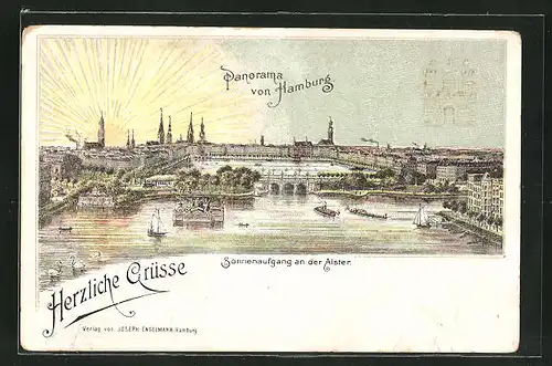 Lithographie Alt-Hamburg, Panorama, Sonnenaufgang an der Alster