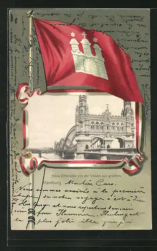 Passepartout-Lithographie Hamburg-Rothenburgsort, Neue Elbbrücke von der Veddel aus gesehen, Wappen