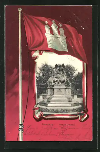 Passepartout-Lithographie Hamburg-Neustadt, Flagge mit Wappen, Kriegerdenkmal