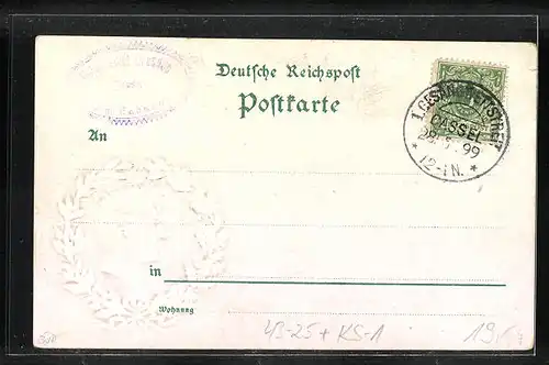 Präge-AK Kassel, I. Gesang-Wettstreit deutscher Männergesangvereine 1899, Orangerie Schloss, Portrait Kaiserpaar