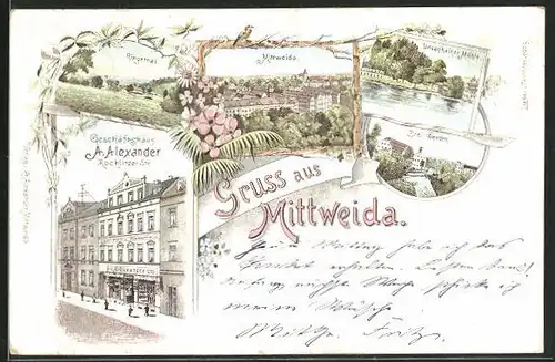 Lithographie Mittweida, Geschäftshaus Alexander, Rochlitzer Str., Drei Werken, Lauenhainer Mühle, Ringethal