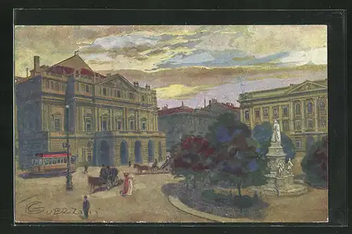 Künstler-AK G. Guerzoni: Milano, Galleria Vittorio Emanuele II., Platz mit Denkmal und Strassenbahn