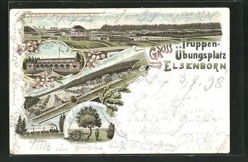 Lithographie Elsenborn, Truppenübungsplatz mit Verwaltungsgebäude, Feldbahn und Trouschbaum