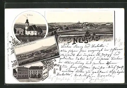 Lithographie Neustadt /Naab, S. Felix, Altenstadt mit Ansicht Parkstein, Schloss