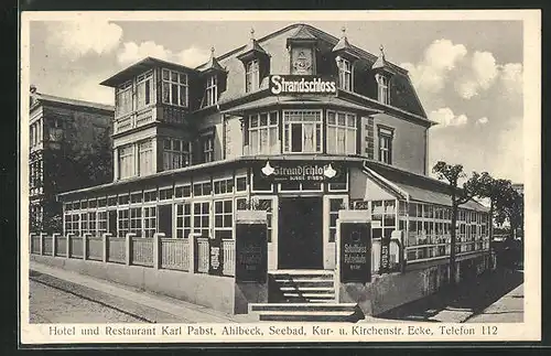 AK Ahlbeck / Seebad, Hotel und Restaurant Karl Pabst, Kur- und Kirchenstrasse Ecke