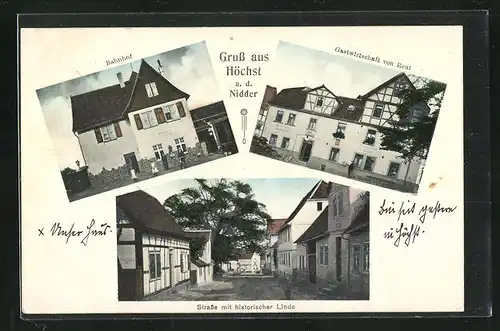 AK Höchst a. d. Nidder, Gasthaus von Reul, Bahnhof, Strassenpartie mit historischer Linde