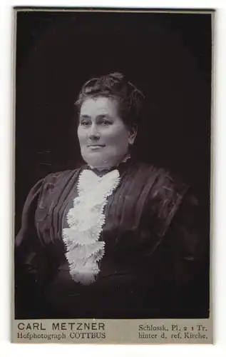 Fotografie Carl Metzner, Cottbus, Portrait bürgerlich gekleidete Dame mit Hochsteckfrisur