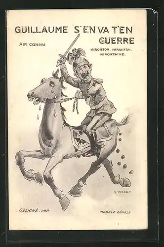 Künstler-AK Kaiser Wilhelm II. auf einem schweisstreibenden Pferd, Propaganda Entente