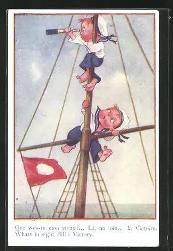 AK Kinder in Matrosenuniform mit Fernglas auf einem Mast, Kinder Kriegspropaganda