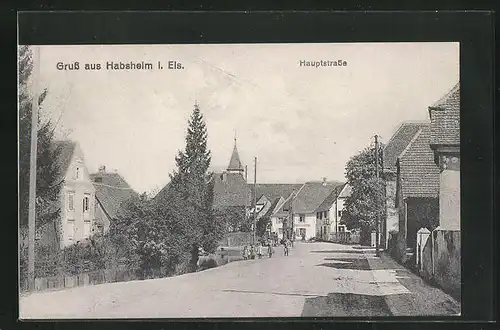 AK Habesheim i. Els., Hauptstrasse mit Blick zur Kirche