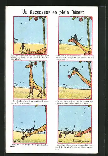 Künstler-AK sign. Edmond Guenin: Un Ascenseur en plein Desert, Affe klettert Giraffe um an Früchte zu kommen