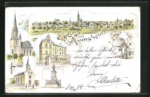 Lithographie Armsheim, Schulhaus, Kath. Kirche, Keller-Brunnen