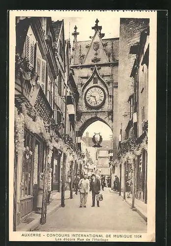 AK Auxerre, Concours International de Musique 1934, Les decors Rue de l`Horloge, Sängerfest