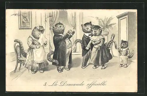 Lithographie La Demande officielle, Kater hält um die Hand von Katze an