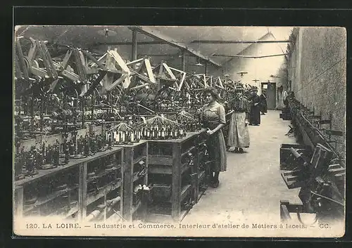 AK La Loire, Industrie et Commerce, Interieur d`atelier de Metiers a lacets, Fabrikarbeiter