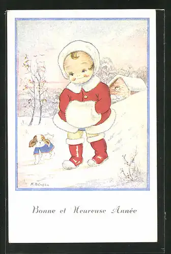 Künstler-AK sign. M. B. Cooper: Mädchen mit Mütze, Muff und rotem Mantel mit Hund in winterlicher Landschaft