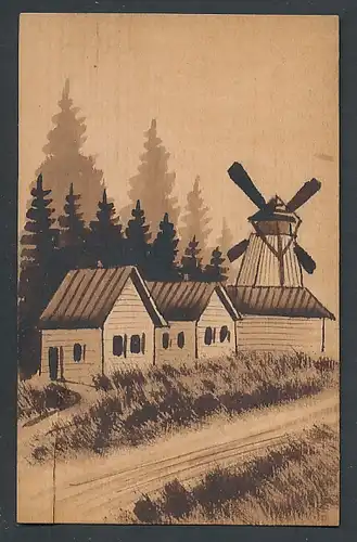 Holz-AK Häuser und Windmühle am Waldrand
