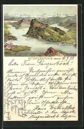 Lithographie Bürgenstock, Panoramablick auf Berg und See