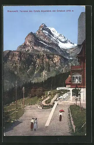 AK Braunwald, Terrasse des Hotels Alpenblick mit Ortstock