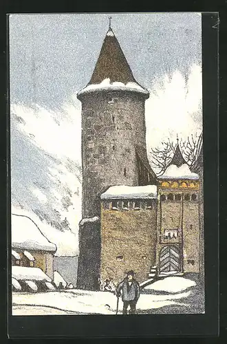 Künstler-AK Romont, Ortspartie im Winter