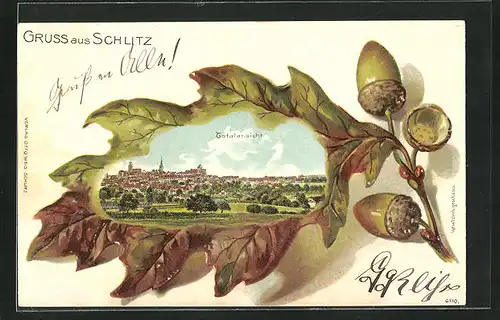 Präge-Passepartout-Lithographie Schlitz, Totalansicht im Eichenblatt