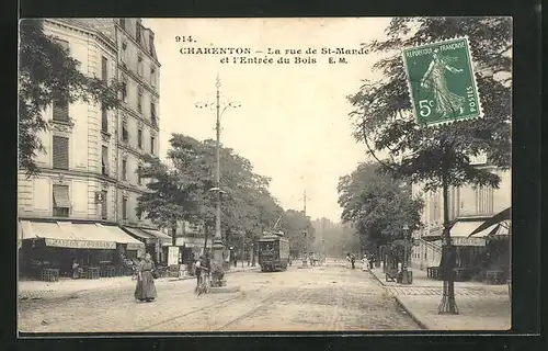AK Charenton, La Rue de St-Mande, Strassenbahn