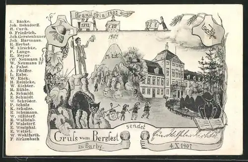 Künstler-AK Barby, Feuerwehr-Schule, Bergfest-Karte, Branderia 1907