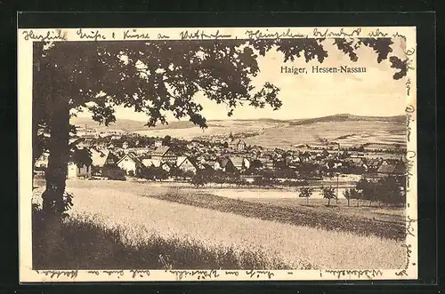 AK Haiger / Hessen-Nassau, Totalansicht mit Blick über Ackerländer im Sommer