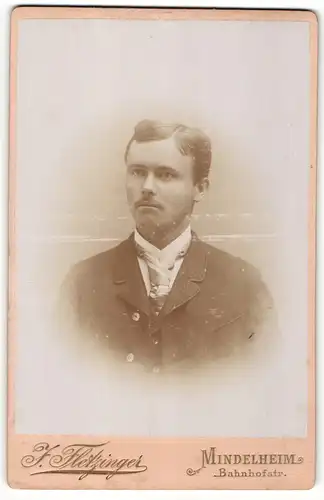 Fotografie F. Fletzinger, Mindelheim, Portrait charmanter Herr im Anzug mit Krawatte und Seitenscheitel