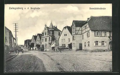 AK Zwingenberg an der Bergstrasse, Darmstädterstrasse mit Gasthaus zur Bergstrasse