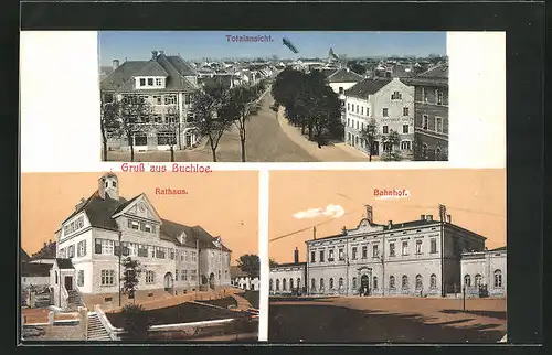 AK Buchloe, Totale, Rathaus, Bahnhof