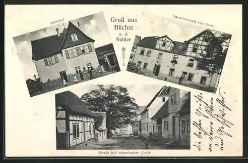 AK Höchst / Nidder, Bahnhof, Gastwirtschaft Reul, Strasse mit hist. Linde