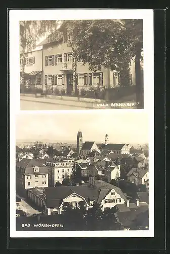 Foto-AK Bad Wörishofen, Hotel-Pension Berninger, Teilansicht mit Kirche