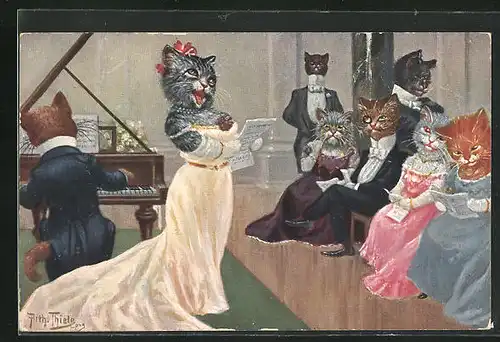 Künstler-AK Arthur Thiele: Katzenmusik auf einer festlichen Abendveranstaltung