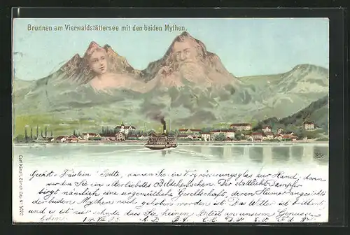 Lithographie Künzli Nr. 5022: Brunnen, Ortsansicht mit Mythen, Berg mit Gesicht / Berggesichter