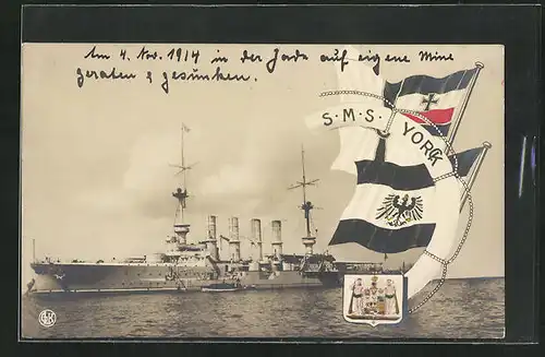 AK Kriegsschiff SMS Yorck und Reichskriegsflagge