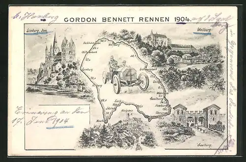 AK Weilburg, Gordon Bennett Autorennen 1904, Teilansicht vom Ort, Limburger Dom, Saalburg