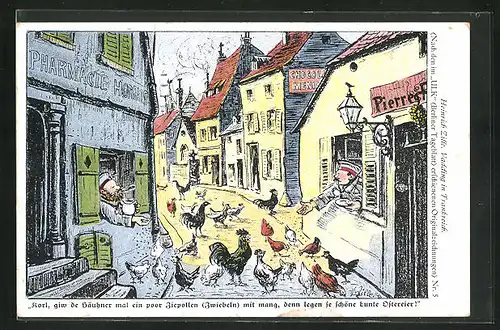 Künstler-AK Heinrich Zille: Soldaten füttern aus den Fenstern ihrer Kriegsunterkünfte die Hühner