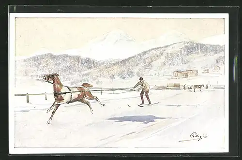 Künstler-AK Carlo Pellegrini: Skijöring in winterlicher Alpenlandschaft