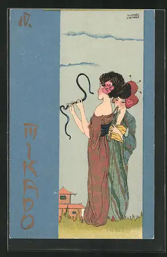 Künstler-Lithographie Raphael Kirchner: Mikado, Jugendstil, Geisha mit Schlange