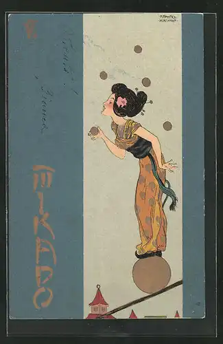 Künstler-Lithographie Raphael Kirchner: Mikado, Jugendstil, Balancierende Geisha
