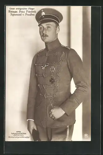 Foto-AK Sanke Nr. 570: Unser erfolgreicher Flieger Rittmeister Prinz Frtiedrich Sigismund von Preussen, Totenkopfhusar